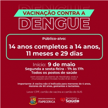 Vacinação contra dengue terá início na cidade